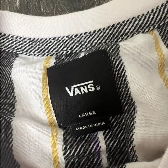 Vans Men’s Striped Gray Yellow White Short Sleeve Shirt Size L Embroidered Logo - Picture 6 of 8